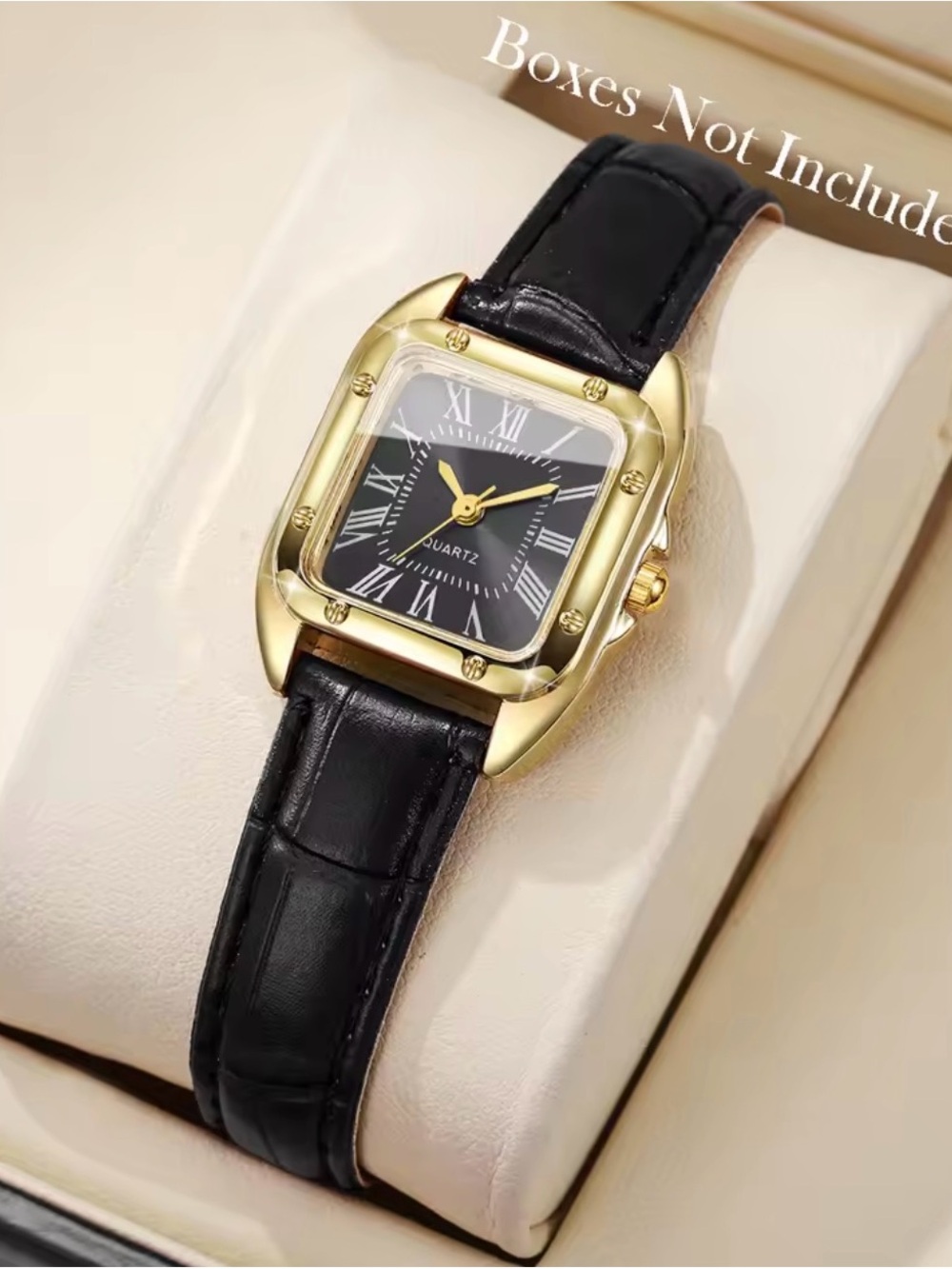 Gold Case Black Strap Women's Quartz Watch - Classic Roman Dial
